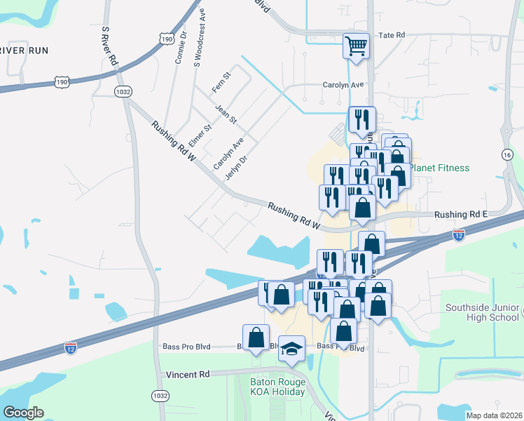 map of restaurants, bars, coffee shops, grocery stores, and more near 2402 Chantulane Avenue in Denham Springs