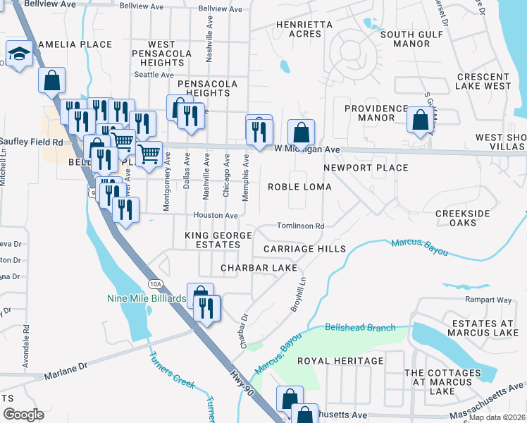 map of restaurants, bars, coffee shops, grocery stores, and more near 5844 Bilek Drive in Pensacola