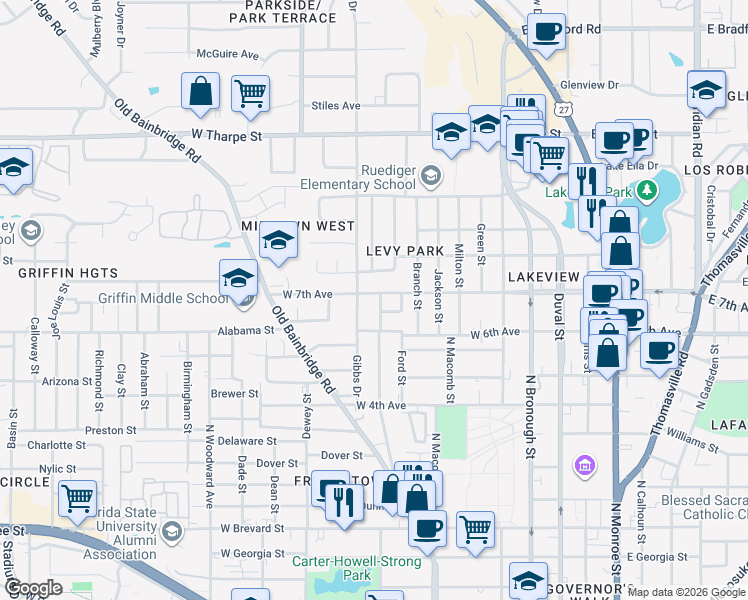 map of restaurants, bars, coffee shops, grocery stores, and more near 1332 Central Street in Tallahassee