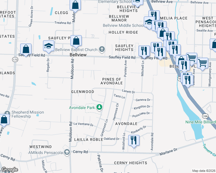 map of restaurants, bars, coffee shops, grocery stores, and more near 4812 Lanett Drive in Pensacola