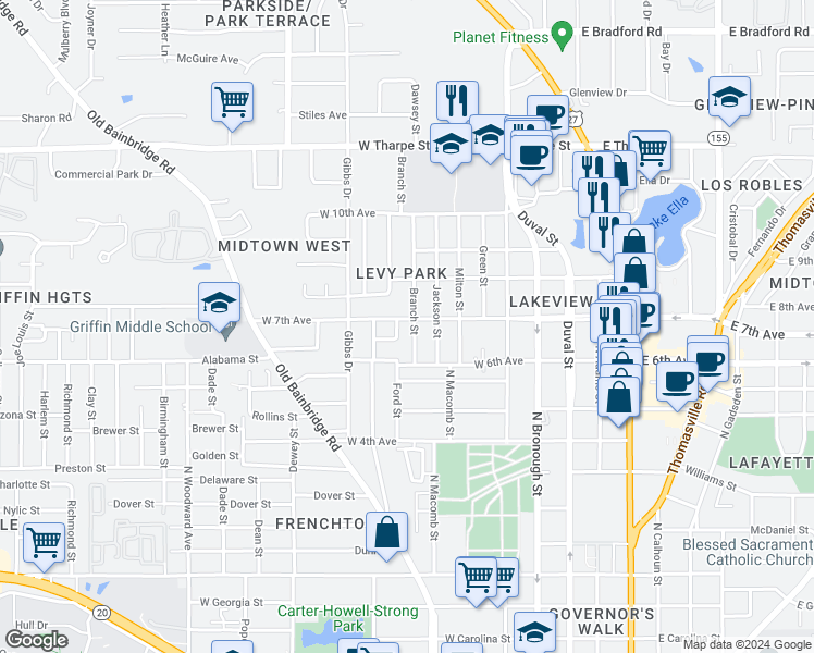 map of restaurants, bars, coffee shops, grocery stores, and more near 1338 Branch Street in Tallahassee