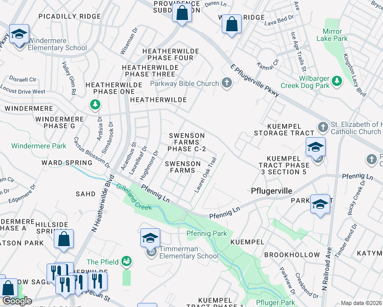 map of restaurants, bars, coffee shops, grocery stores, and more near 1400 Mayapple Street in Pflugerville