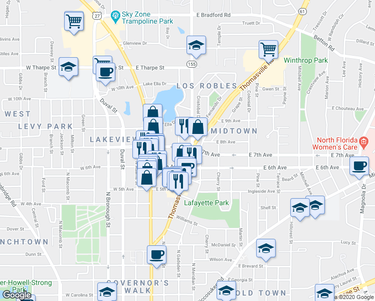 map of restaurants, bars, coffee shops, grocery stores, and more near 1334 Thomasville Road in Tallahassee