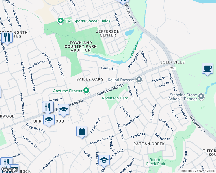 map of restaurants, bars, coffee shops, grocery stores, and more near 8410 Anderson Mill Road in Austin