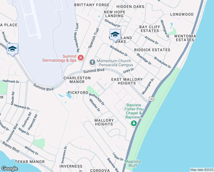 map of restaurants, bars, coffee shops, grocery stores, and more near 3540 La Mancha Way in Pensacola