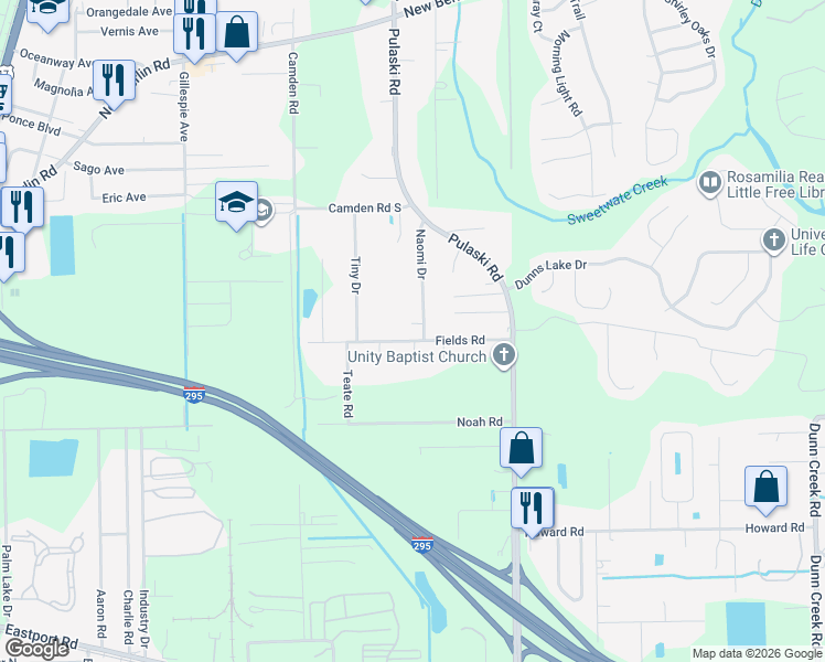 map of restaurants, bars, coffee shops, grocery stores, and more near 12215 Naomi Drive in Jacksonville