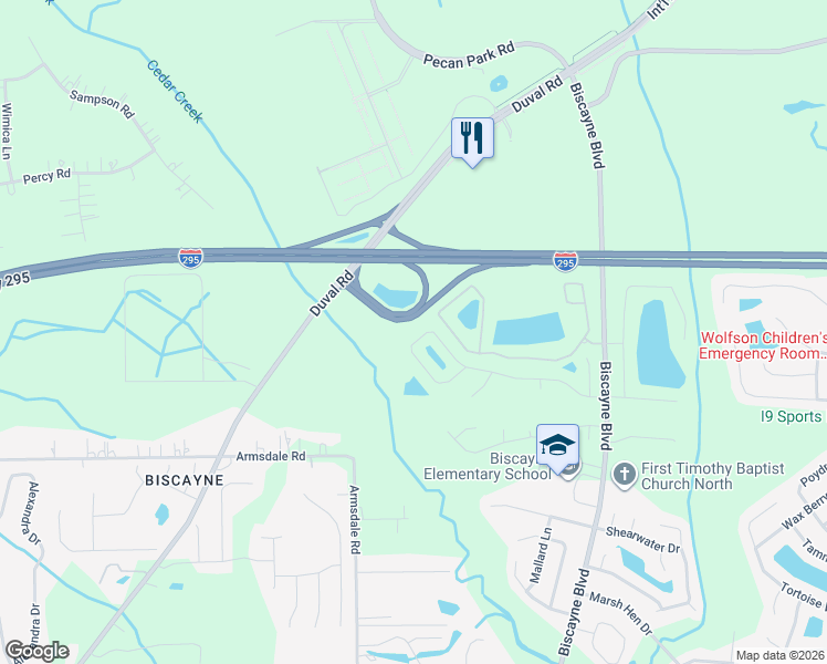 map of restaurants, bars, coffee shops, grocery stores, and more near 1741 Biscayne Bay Circle in Jacksonville