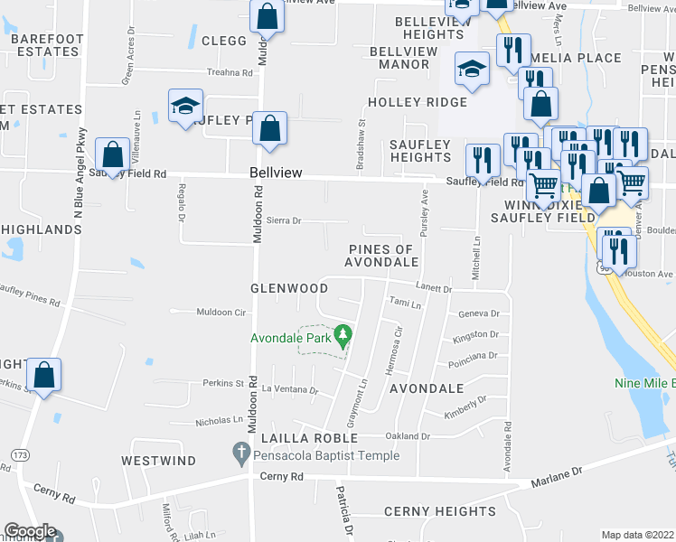 map of restaurants, bars, coffee shops, grocery stores, and more near 4848 Lanett Drive in Pensacola