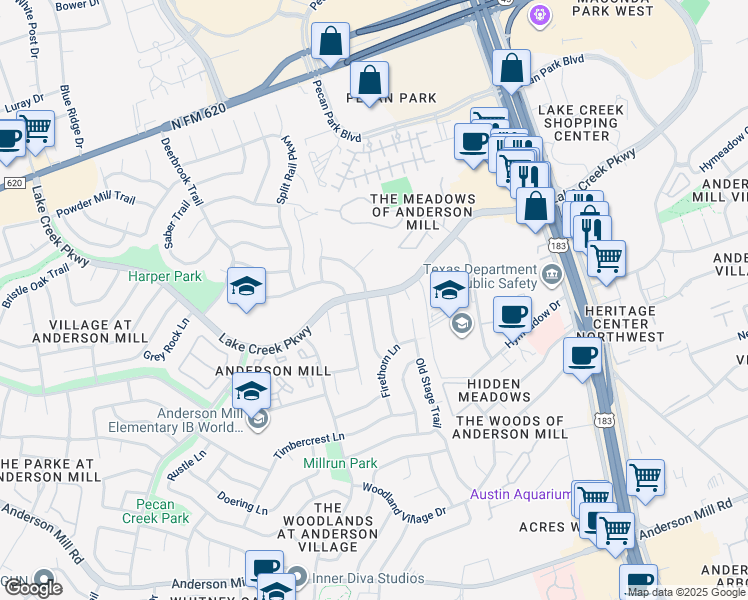 map of restaurants, bars, coffee shops, grocery stores, and more near 12315 Double Tree Lane in Austin