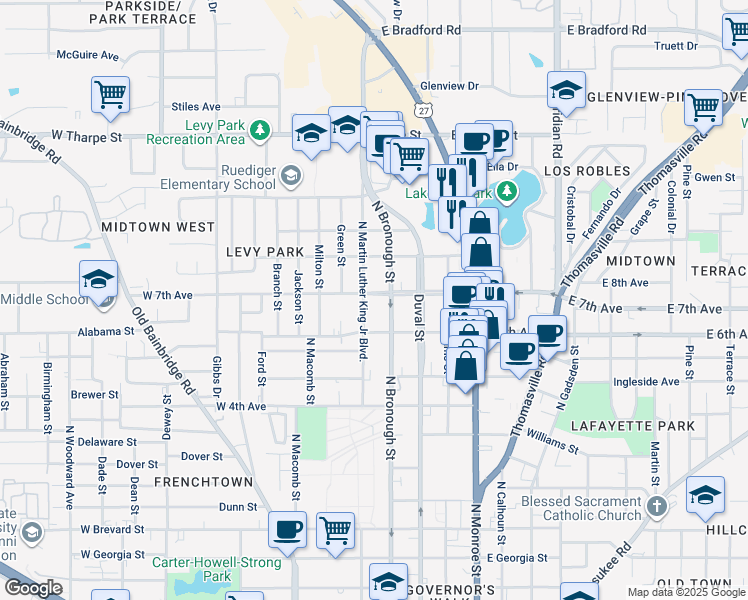 map of restaurants, bars, coffee shops, grocery stores, and more near 319 W 7th Ave in Tallahassee