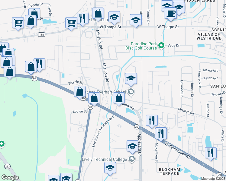 map of restaurants, bars, coffee shops, grocery stores, and more near 2801 North Mission Road in Tallahassee