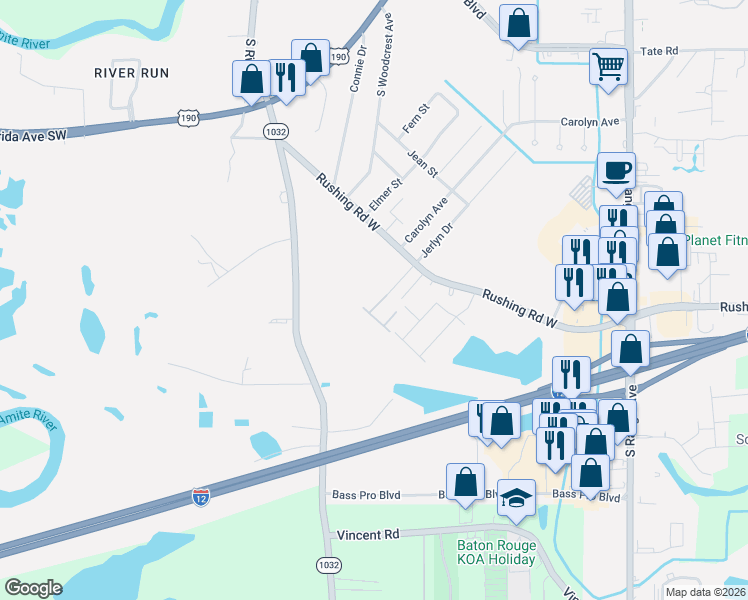 map of restaurants, bars, coffee shops, grocery stores, and more near 2449 Sherry Street in Denham Springs