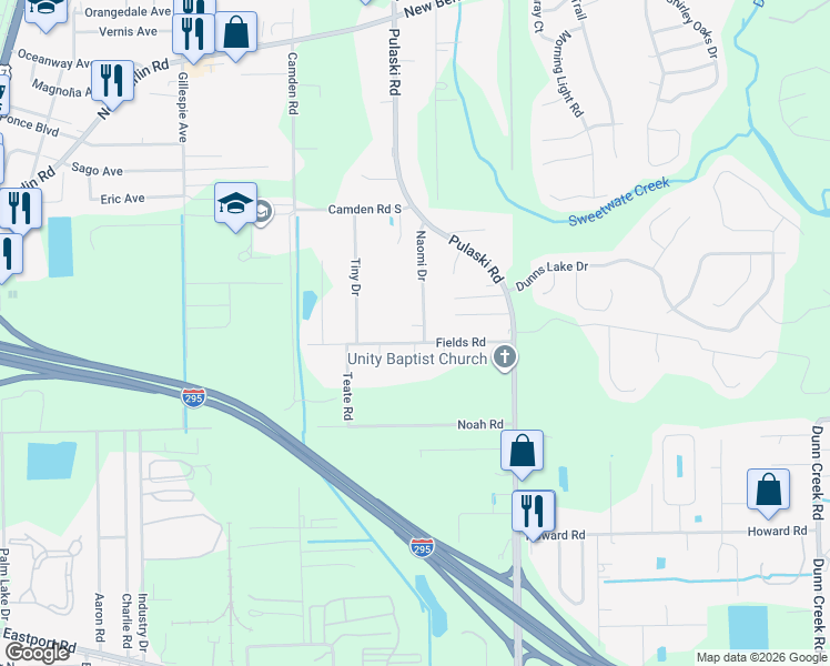 map of restaurants, bars, coffee shops, grocery stores, and more near 1001 Fields Road in Jacksonville