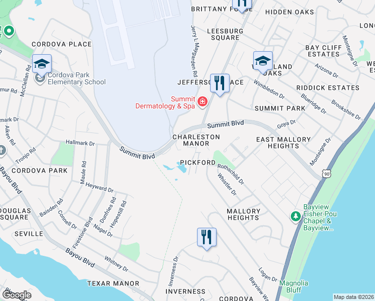 map of restaurants, bars, coffee shops, grocery stores, and more near 3031 Belle Meade Drive in Pensacola