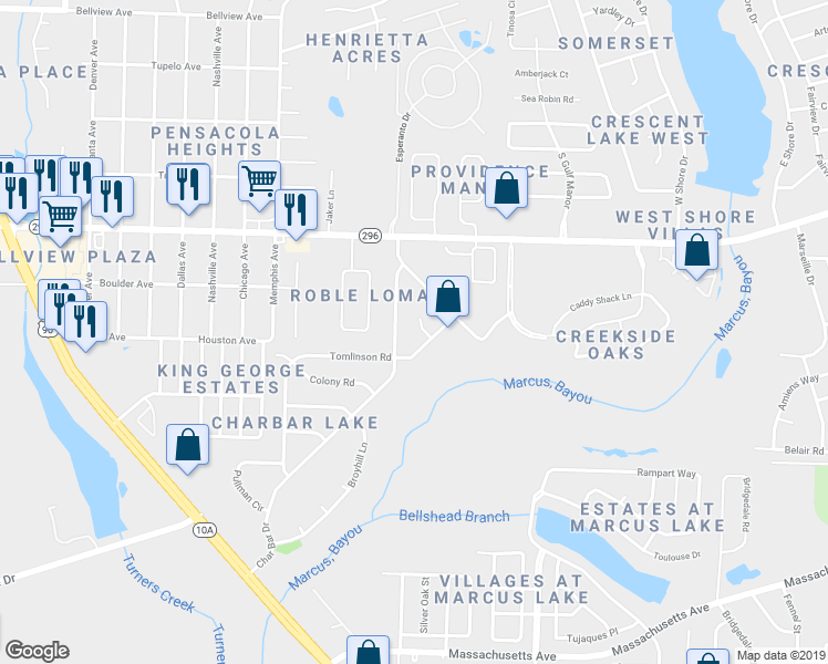 map of restaurants, bars, coffee shops, grocery stores, and more near 2535 Chateau Court in Pensacola