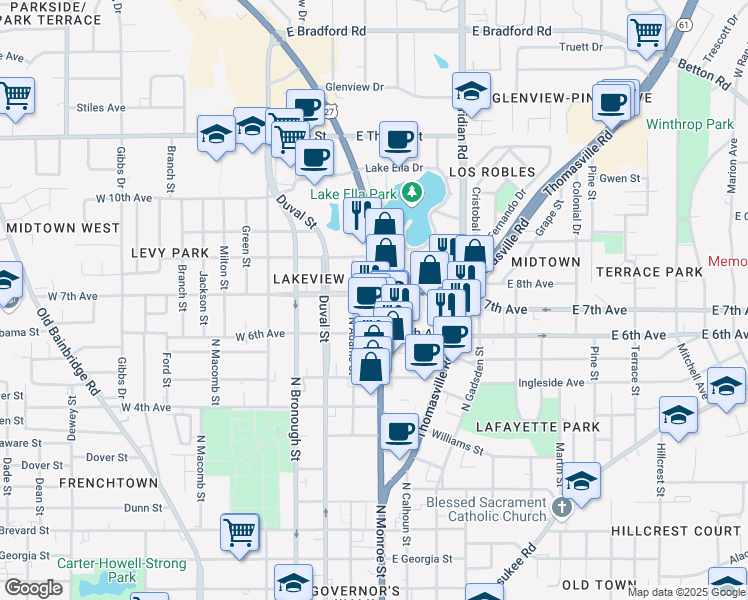 map of restaurants, bars, coffee shops, grocery stores, and more near 1353 North Monroe Street in Tallahassee