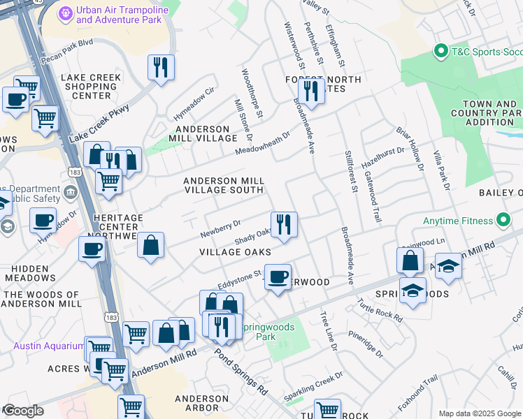 map of restaurants, bars, coffee shops, grocery stores, and more near 9404 Newberry Drive in Austin