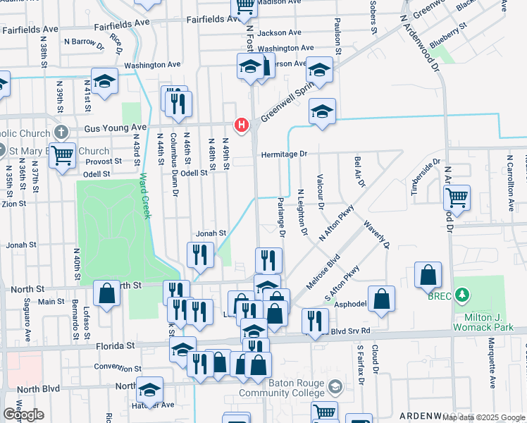 map of restaurants, bars, coffee shops, grocery stores, and more near 1024 North Foster Drive in Baton Rouge