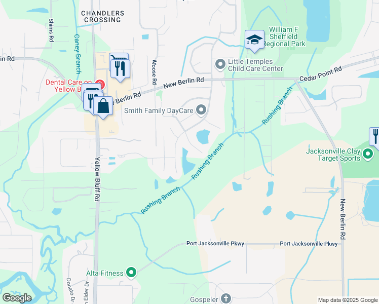 map of restaurants, bars, coffee shops, grocery stores, and more near 12259 Glenn Hollow Drive in Jacksonville