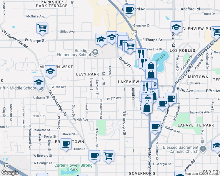 map of restaurants, bars, coffee shops, grocery stores, and more near 423 West 7th Avenue in Tallahassee