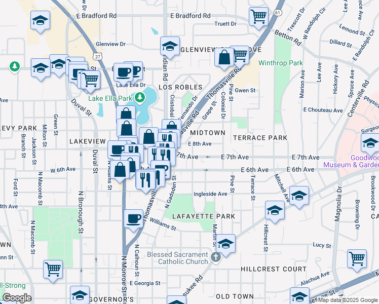 map of restaurants, bars, coffee shops, grocery stores, and more near 510 East 7th Avenue in Tallahassee