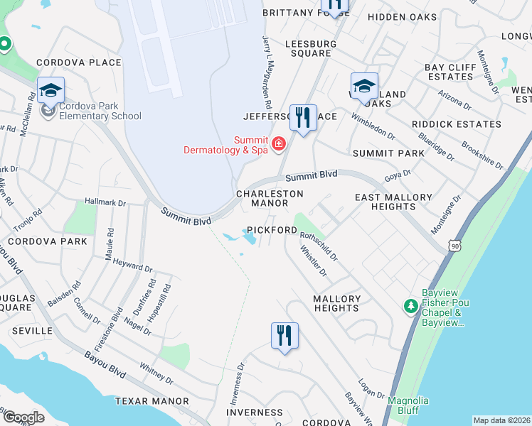 map of restaurants, bars, coffee shops, grocery stores, and more near 2945 Pickford Place in Pensacola