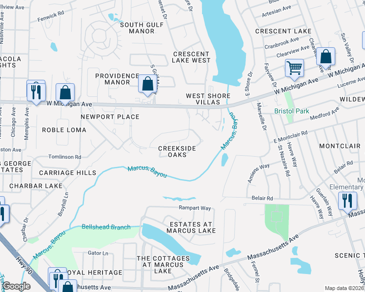 map of restaurants, bars, coffee shops, grocery stores, and more near 221 Sand Trap Lane in Pensacola