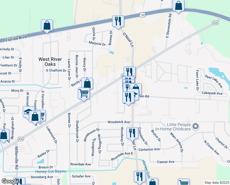map of restaurants, bars, coffee shops, grocery stores, and more near 824 Hammond Manor Drive in Baton Rouge