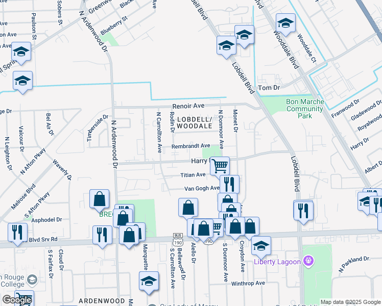 map of restaurants, bars, coffee shops, grocery stores, and more near 6875 Harry Drive in Baton Rouge