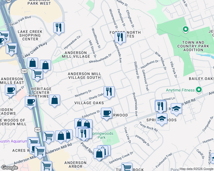 map of restaurants, bars, coffee shops, grocery stores, and more near 13002 Sherbourne Street in Austin