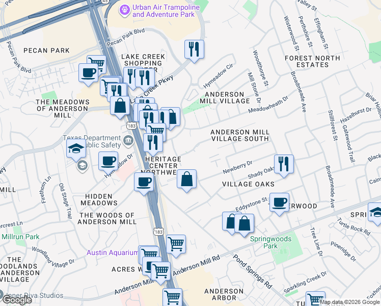 map of restaurants, bars, coffee shops, grocery stores, and more near 9811 Copper Creek Drive in Austin