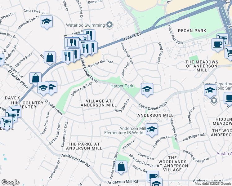 map of restaurants, bars, coffee shops, grocery stores, and more near 12107 Wander Lane in Austin