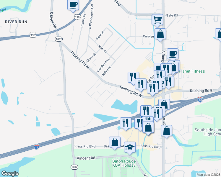 map of restaurants, bars, coffee shops, grocery stores, and more near 322 Rushing Road West in Denham Springs