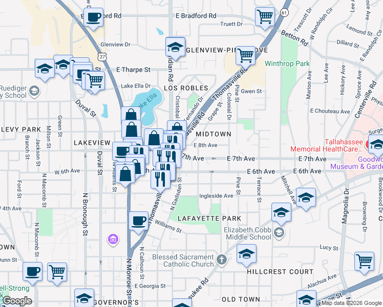 map of restaurants, bars, coffee shops, grocery stores, and more near 414 East 7th Avenue in Tallahassee
