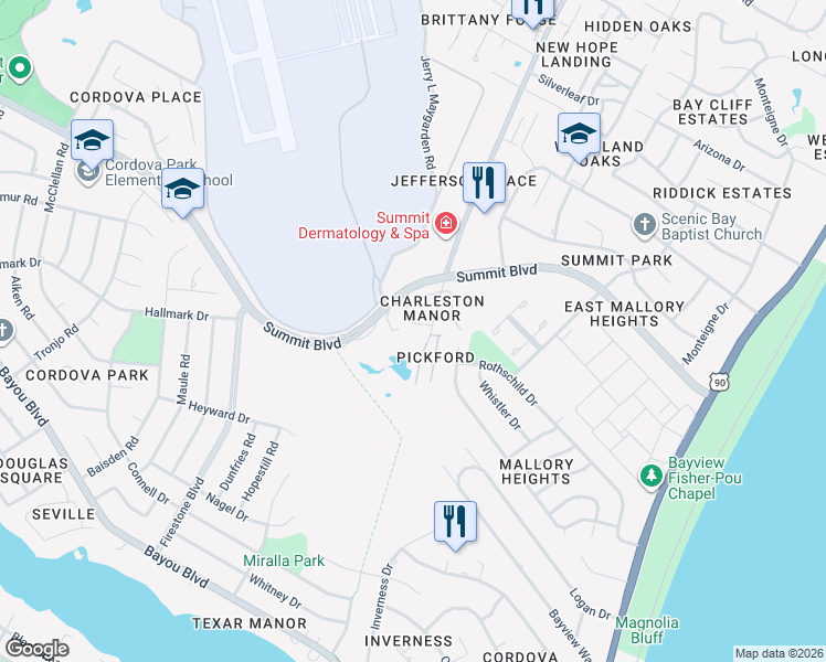 map of restaurants, bars, coffee shops, grocery stores, and more near 2945 Pickford Place in Pensacola