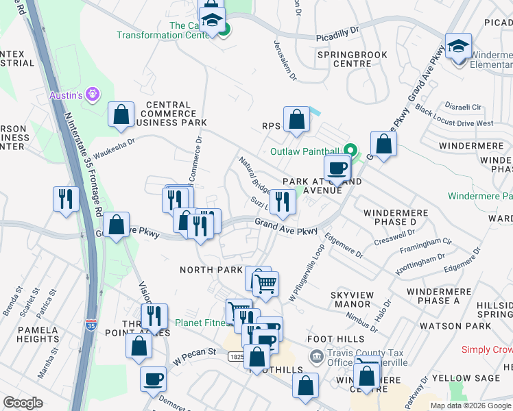 map of restaurants, bars, coffee shops, grocery stores, and more near 16206 Glorious Lane in Pflugerville