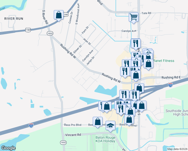 map of restaurants, bars, coffee shops, grocery stores, and more near 322 Rushing Road West in Denham Springs