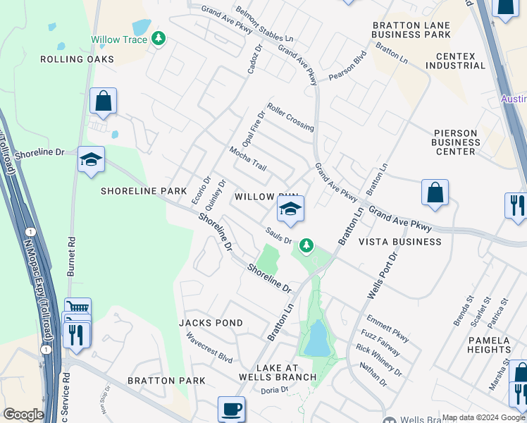 map of restaurants, bars, coffee shops, grocery stores, and more near 3301 Kissman Drive in Austin