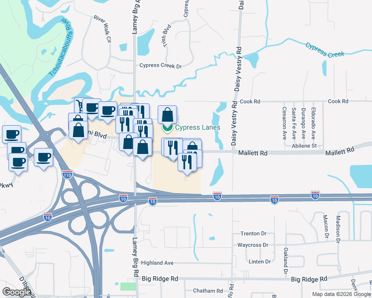 map of restaurants, bars, coffee shops, grocery stores, and more near 3072 Mallett Road in D'Iberville