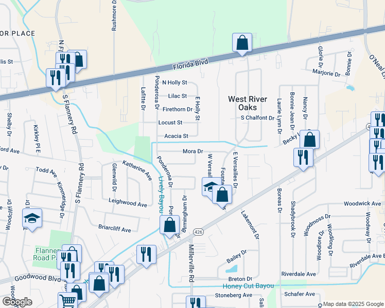 map of restaurants, bars, coffee shops, grocery stores, and more near 14554 Mora Drive in Baton Rouge