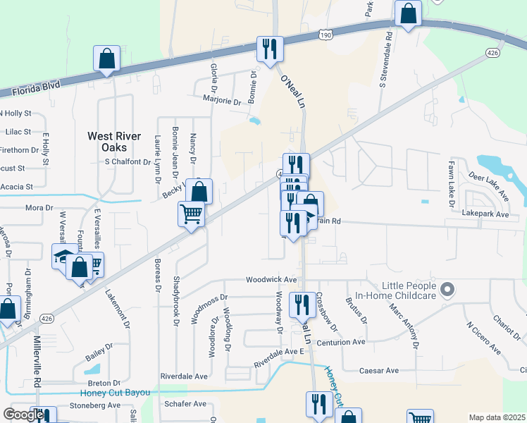 map of restaurants, bars, coffee shops, grocery stores, and more near 824 Hammond Manor Drive in Baton Rouge