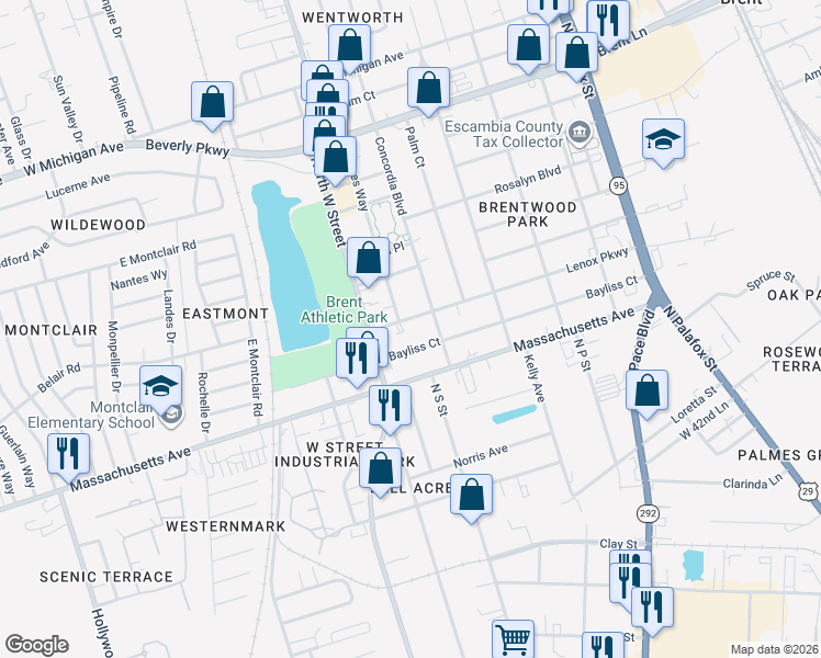 map of restaurants, bars, coffee shops, grocery stores, and more near 409 Lenox Pkwy in Pensacola