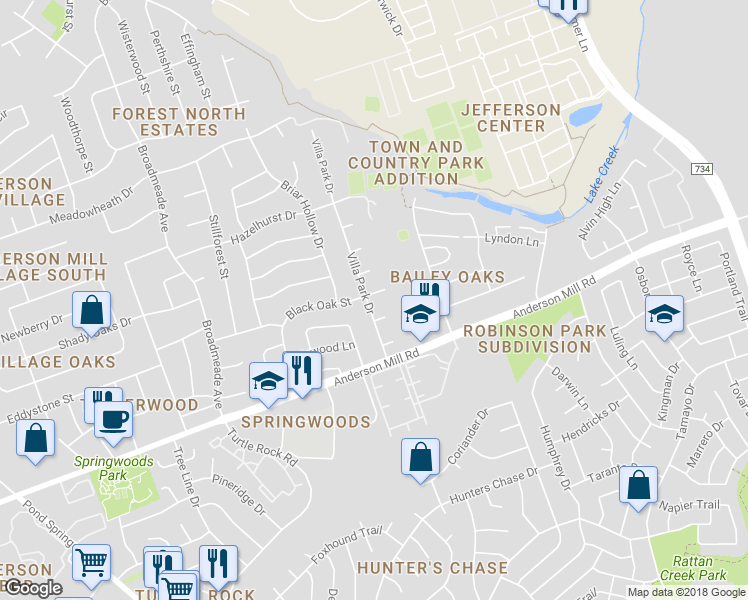 map of restaurants, bars, coffee shops, grocery stores, and more near 8705 Black Oak Street in Austin