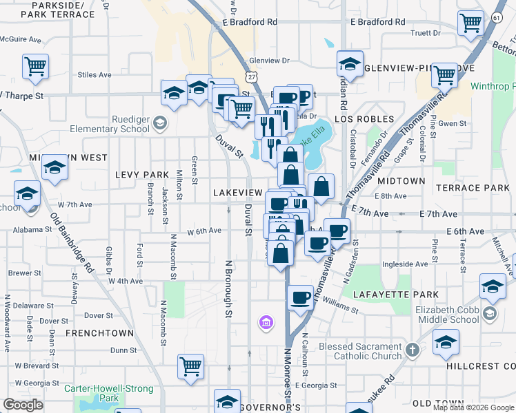 map of restaurants, bars, coffee shops, grocery stores, and more near 117 West 7th Avenue in Tallahassee