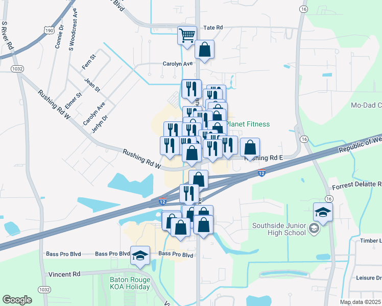 map of restaurants, bars, coffee shops, grocery stores, and more near 2341 South Range Avenue in Denham Springs