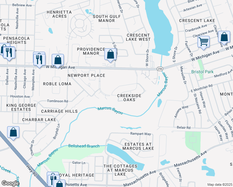 map of restaurants, bars, coffee shops, grocery stores, and more near 2264 Valley Escondido Drive in Pensacola