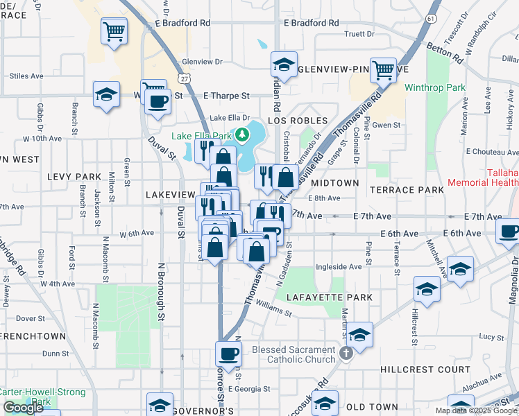 map of restaurants, bars, coffee shops, grocery stores, and more near 227 East 7th Avenue in Tallahassee