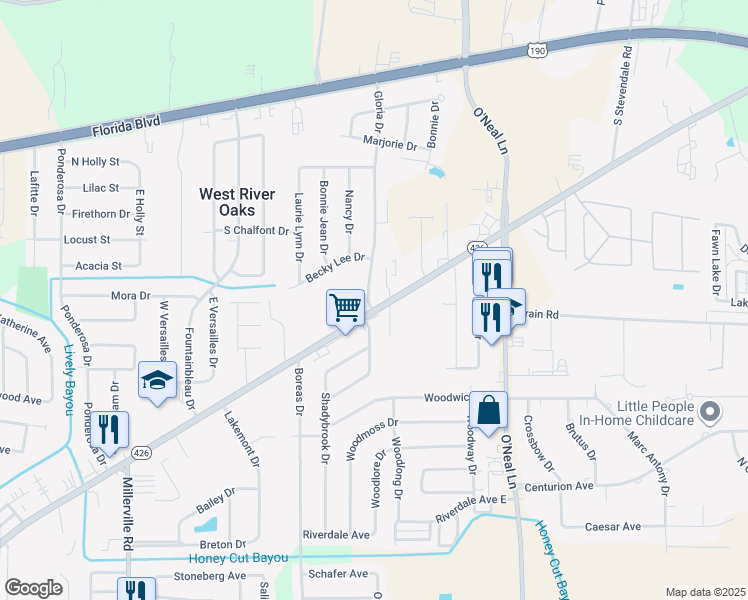 map of restaurants, bars, coffee shops, grocery stores, and more near 721 Gloria Drive in Baton Rouge