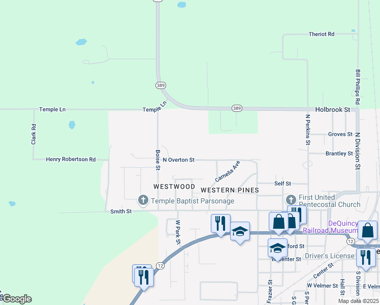 map of restaurants, bars, coffee shops, grocery stores, and more near 912 North Overton Street in DeQuincy