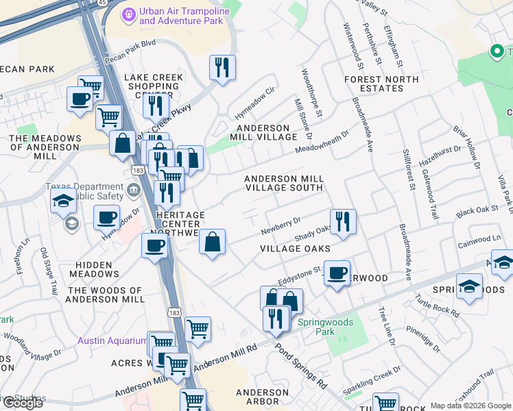 map of restaurants, bars, coffee shops, grocery stores, and more near 9705 Dalewood Drive in Austin